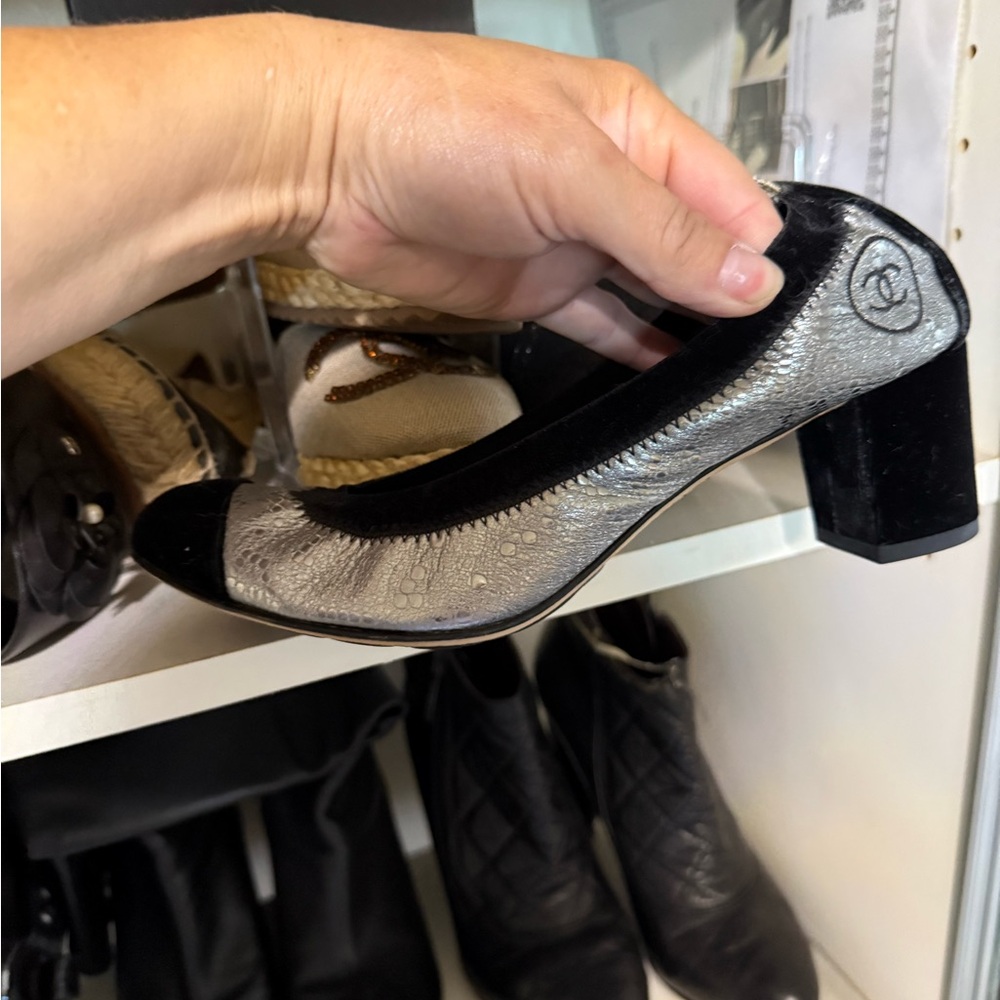 Elegant Chanel Silver and Black Women's Heels